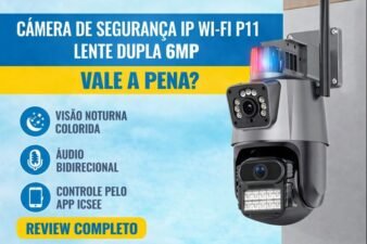 Câmera de segurança IP Wi-Fi P11 com lente dupla 6MP instalada em parede externa, destacando visão noturna colorida, áudio bidirecional e controle pelo aplicativo ICSee.