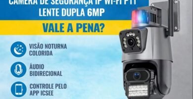 Câmera de segurança IP Wi-Fi P11 com lente dupla 6MP instalada em parede externa, destacando visão noturna colorida, áudio bidirecional e controle pelo aplicativo ICSee.