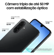 Celular Samsung Galaxy A17 azul com 256GB, 8GB de RAM, câmera de 50MP, tela de 6.7 polegadas, NFC e proteção IP54