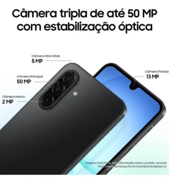 Celular Samsung Galaxy A17 azul com 256GB, 8GB de RAM, câmera de 50MP, tela de 6.7 polegadas, NFC e proteção IP54