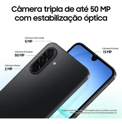 Celular Samsung Galaxy A17 azul com 256GB, 8GB de RAM, câmera de 50MP, tela de 6.7 polegadas, NFC e proteção IP54