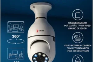 Câmera de segurança lâmpada Wi-Fi 360 graus Full HD com visão noturna e controle pelo aplicativo Yoosee instalada em soquete padrão na cor branca