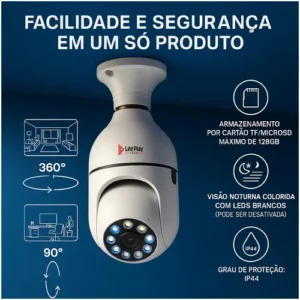 Câmera de segurança lâmpada Wi-Fi 360 graus Full HD com visão noturna e controle pelo aplicativo Yoosee instalada em soquete padrão na cor branca