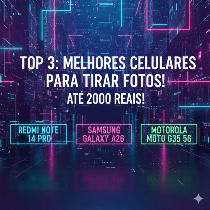 Top 3 celulares com as melhores câmeras até R$ 2.000 em 2026, comparativo focado em qualidade de fotos, modo noturno e custo-benefício.