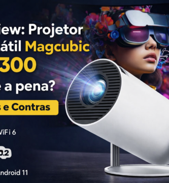 Projetor portátil Magcubic HY300 exibindo imagem colorida em tela grande com Android 11, Wi-Fi 6 e Bluetooth.