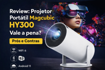 Projetor portátil Magcubic HY300 exibindo imagem colorida em tela grande com Android 11, Wi-Fi 6 e Bluetooth.