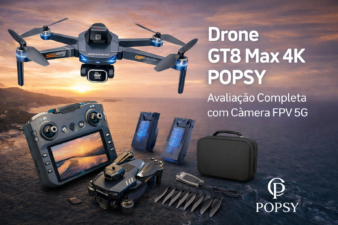 Drone GT8 Max 4K Popsy em destaque voando ao pôr do sol, com câmera FPV 5G e design dobrável, acompanhado de controle com tela integrada, duas baterias, hélices extras e bolsa de transporte sobre paisagem marítima.