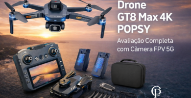 Drone GT8 Max 4K Popsy em destaque voando ao pôr do sol, com câmera FPV 5G e design dobrável, acompanhado de controle com tela integrada, duas baterias, hélices extras e bolsa de transporte sobre paisagem marítima.