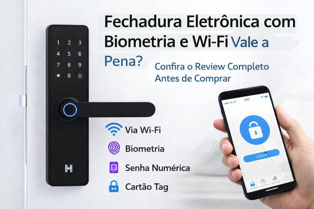 Fechadura eletrônica inteligente preta instalada em porta branca, com teclado numérico touch, leitor biométrico com luz azul e controle pelo celular via Wi-Fi exibido em smartphone ao lado.