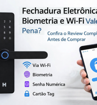 Fechadura eletrônica inteligente preta instalada em porta branca, com teclado numérico touch, leitor biométrico com luz azul e controle pelo celular via Wi-Fi exibido em smartphone ao lado.
