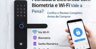 Fechadura eletrônica inteligente preta instalada em porta branca, com teclado numérico touch, leitor biométrico com luz azul e controle pelo celular via Wi-Fi exibido em smartphone ao lado.
