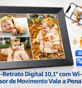 Porta-retrato digital inteligente de 10,1 polegadas com Wi-Fi e sensor de movimento exibindo fotos de um bebê na tela, com smartphone ao lado enviando imagens pelo aplicativo.