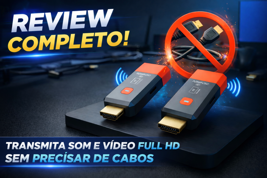 Transmissor e receptor HDMI sem fio em destaque sobre uma base preta, com design nas cores preto e vermelho e conectores dourados. Ao fundo, ambiente tecnológico com TV e controle desfocados. A imagem contém o texto “Review Completo” e “Transmita som e vídeo Full HD sem precisar de cabos”, destacando a transmissão de áudio e vídeo 1080p sem uso de cabos HDMI físicos.