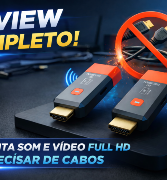 Transmissor e receptor HDMI sem fio em destaque sobre uma base preta, com design nas cores preto e vermelho e conectores dourados. Ao fundo, ambiente tecnológico com TV e controle desfocados. A imagem contém o texto “Review Completo” e “Transmita som e vídeo Full HD sem precisar de cabos”, destacando a transmissão de áudio e vídeo 1080p sem uso de cabos HDMI físicos.