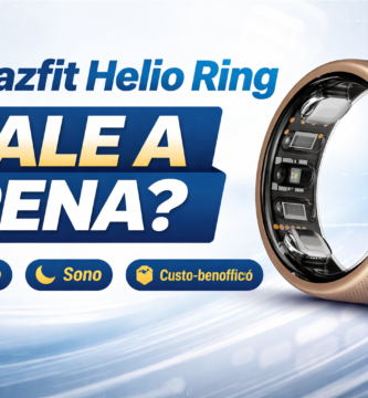 Amazfit Helio Ring em destaque mostrando o anel inteligente de titânio com sensores internos e chamada “Vale a pena?” para review completo sobre saúde, sono e custo-benefício.