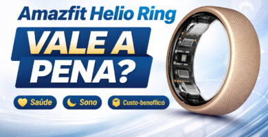Amazfit Helio Ring em destaque mostrando o anel inteligente de titânio com sensores internos e chamada “Vale a pena?” para review completo sobre saúde, sono e custo-benefício.