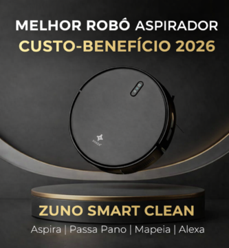 Melhor Robô Aspirador Custo-Benefício 2026 – Zuno Smart Clean preto com mapeamento inteligente, função passa pano e compatível com Alexa em fundo escuro elegante.