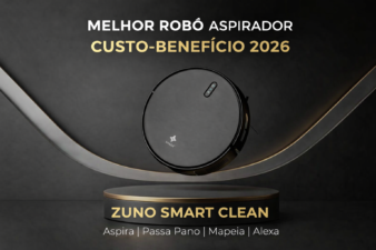 Melhor Robô Aspirador Custo-Benefício 2026 – Zuno Smart Clean preto com mapeamento inteligente, função passa pano e compatível com Alexa em fundo escuro elegante.