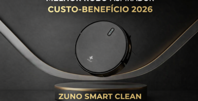 Melhor Robô Aspirador Custo-Benefício 2026 – Zuno Smart Clean preto com mapeamento inteligente, função passa pano e compatível com Alexa em fundo escuro elegante.