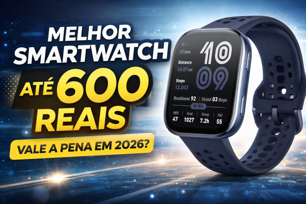 Smartwatch Amazfit Bip 6 com tela AMOLED exibindo dados de saúde e atividade física, destaque como melhor smartwatch até 600 reais em 2026