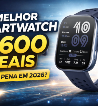 Smartwatch Amazfit Bip 6 com tela AMOLED exibindo dados de saúde e atividade física, destaque como melhor smartwatch até 600 reais em 2026