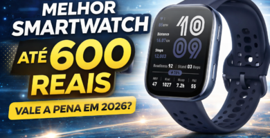Smartwatch Amazfit Bip 6 com tela AMOLED exibindo dados de saúde e atividade física, destaque como melhor smartwatch até 600 reais em 2026