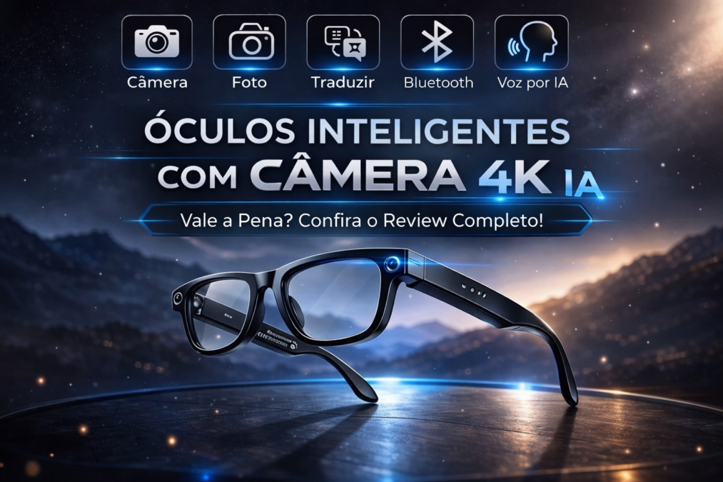 Óculos inteligente com câmera 4K e tecnologia IA, com funções de foto, gravação de vídeo, tradução em tempo real, Bluetooth e comando de voz, exibido em cenário futurista.