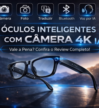 Óculos inteligente com câmera 4K e tecnologia IA, com funções de foto, gravação de vídeo, tradução em tempo real, Bluetooth e comando de voz, exibido em cenário futurista.
