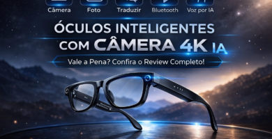 Óculos inteligente com câmera 4K e tecnologia IA, com funções de foto, gravação de vídeo, tradução em tempo real, Bluetooth e comando de voz, exibido em cenário futurista.