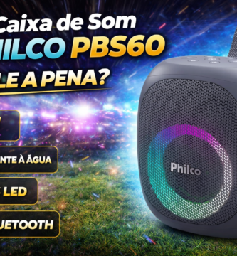 Caixa de som Philco PBS60 180W com iluminação LED colorida, design portátil e destaque para potência, resistência à água e conexão Bluetooth em imagem promocional.