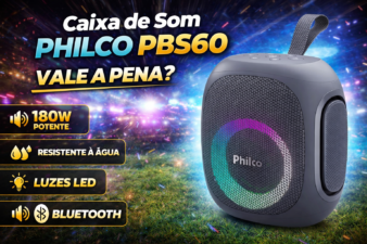 Caixa de som Philco PBS60 180W com iluminação LED colorida, design portátil e destaque para potência, resistência à água e conexão Bluetooth em imagem promocional.