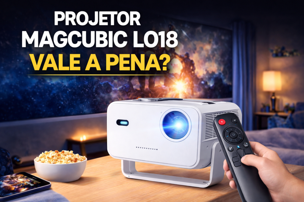 Projetor Magcubic L018 8K Full HD com Android, controle remoto e conectividade WiFi e Bluetooth exibindo imagem de alta qualidade em ambiente doméstico
