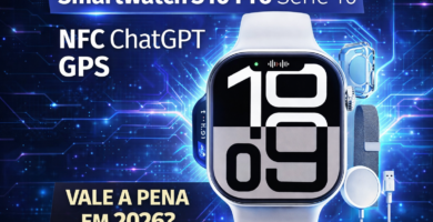 Smartwatch S10 Pro Série 10 em destaque com pulseira branca e tela digital mostrando 10:09, sobre fundo tecnológico azul com efeito de circuitos luminosos. Texto na imagem destaca NFC, ChatGPT, GPS e a chamada “Vale a pena em 2026?”, além de acessórios como pulseira metálica, case transparente e carregador magnético ao lado do relógio.