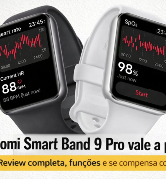 Smartwatch Xiaomi Smart Band 9 Pro nas cores preta e branca mostrando monitoramento de frequência cardíaca e oxigênio no sangue na tela