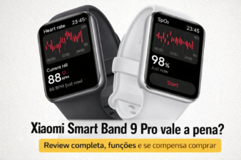 Smartwatch Xiaomi Smart Band 9 Pro nas cores preta e branca mostrando monitoramento de frequência cardíaca e oxigênio no sangue na tela