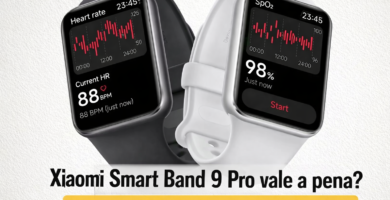 Smartwatch Xiaomi Smart Band 9 Pro nas cores preta e branca mostrando monitoramento de frequência cardíaca e oxigênio no sangue na tela