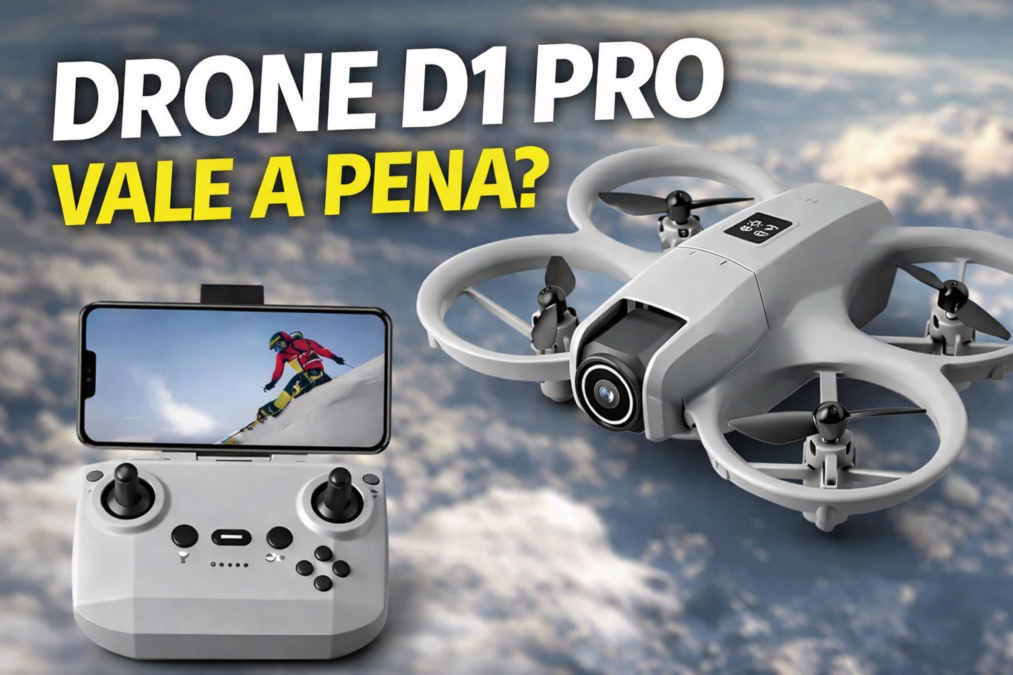 Drone D1 Pro com câmera integrada e controle remoto com suporte para smartphone exibindo transmissão FPV em tempo real.