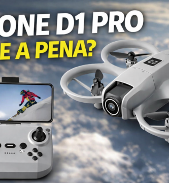Drone D1 Pro com câmera integrada e controle remoto com suporte para smartphone exibindo transmissão FPV em tempo real.