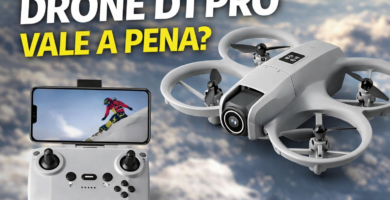 Drone D1 Pro com câmera integrada e controle remoto com suporte para smartphone exibindo transmissão FPV em tempo real.