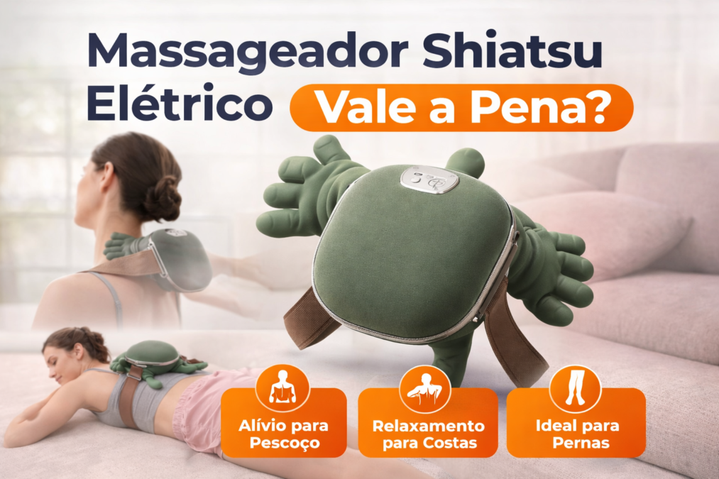 Massageador shiatsu elétrico portátil sendo usado no pescoço e costas, mostrando alívio de tensão muscular e relaxamento no dia a dia