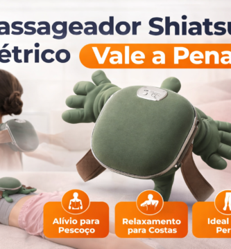 Massageador shiatsu elétrico portátil sendo usado no pescoço e costas, mostrando alívio de tensão muscular e relaxamento no dia a dia