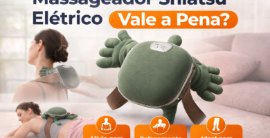 Massageador shiatsu elétrico portátil sendo usado no pescoço e costas, mostrando alívio de tensão muscular e relaxamento no dia a dia