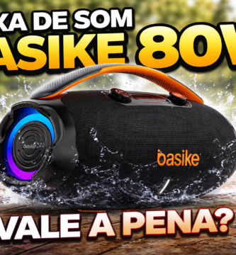 Caixa de som portátil Basike 80W com luzes RGB, design resistente à água, alça de transporte e destaque para potência sonora e grave forte, ideal para uso em festas, praia e ambientes externos.