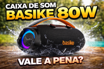 Caixa de som portátil Basike 80W com luzes RGB, design resistente à água, alça de transporte e destaque para potência sonora e grave forte, ideal para uso em festas, praia e ambientes externos.
